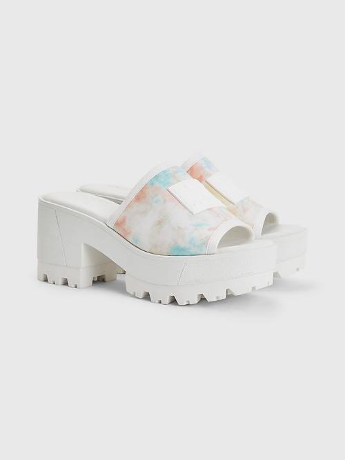 Tommy Hilfiger Tie-Dye Block Heel Mules Szandál Női Fehér | TH237NEY