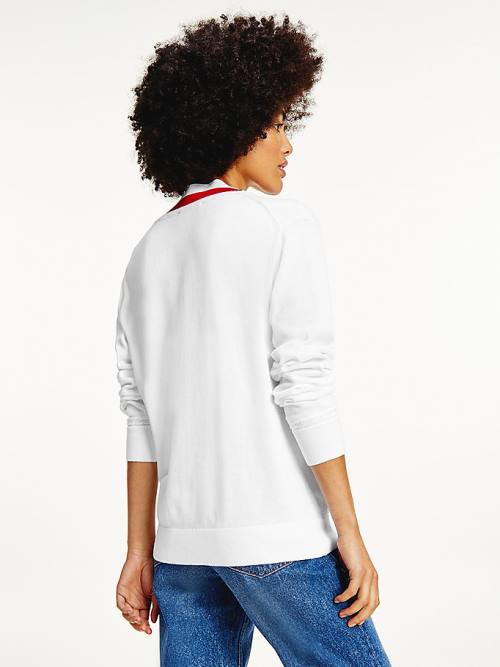 Tommy Hilfiger Tipped V-Neck Jumper Pulóverek Női Fehér | TH406YUG