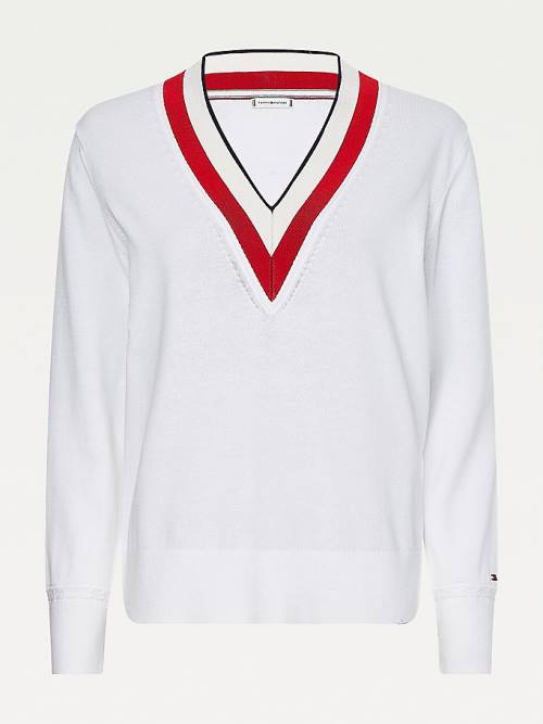 Tommy Hilfiger Tipped V-Neck Jumper Pulóverek Női Fehér | TH406YUG