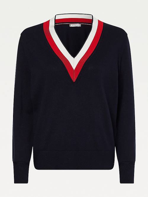 Tommy Hilfiger Tipped V-Neck Jumper Pulóverek Női Kék | TH980NFL