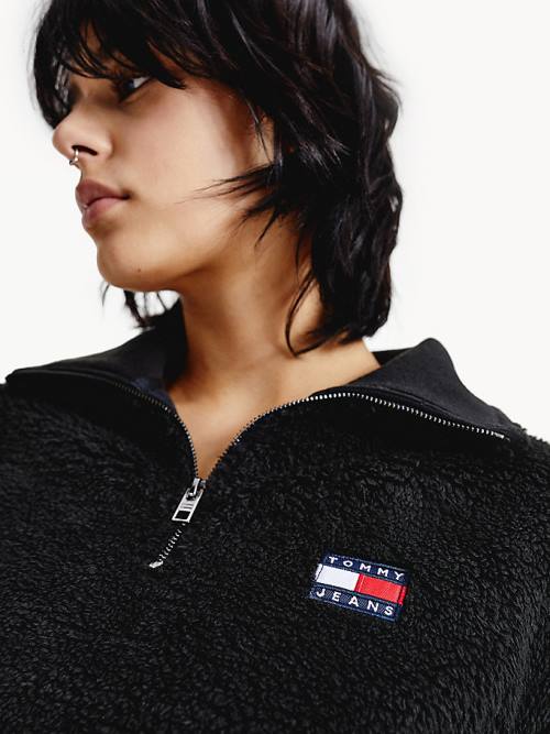 Tommy Hilfiger Tommy Badge Boxy Plush Fleece Sweatshirt Kapucnis Pulóver Női Fekete | TH293OIC