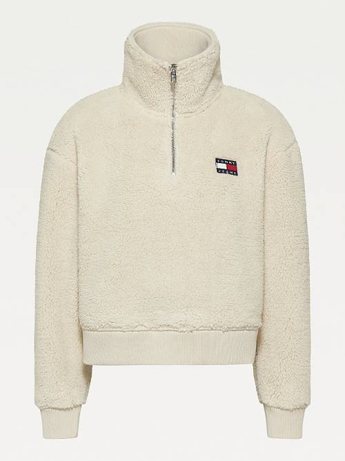 Tommy Hilfiger Tommy Badge Boxy Plush Fleece Sweatshirt Kapucnis Pulóver Női Bézs | TH350UPC