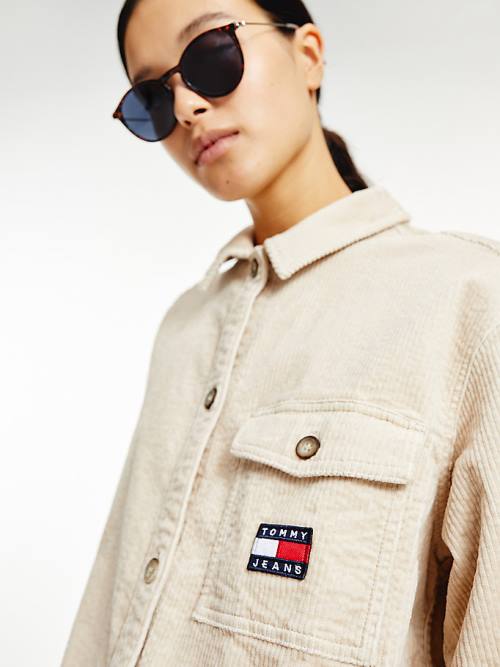 Tommy Hilfiger Tommy Badge Corduroy Oversized Fit Overshirt Ingek Női Bézs | TH148UTF