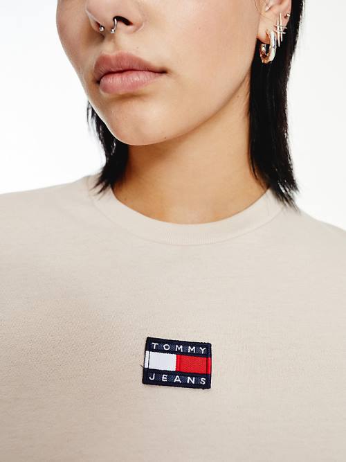 Tommy Hilfiger Tommy Badge Long Sleeve Póló Női Bézs | TH957OLN