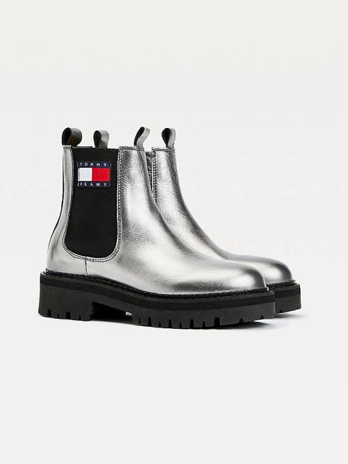 Tommy Hilfiger Tommy Badge Metallic Bőr Klipsz Bakancs Női Szürke | TH142SCK