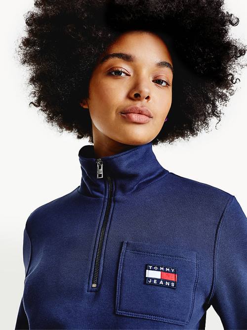 Tommy Hilfiger Tommy Badge Quarter Zip Drawstring Sweatshirt Kapucnis Pulóver Női Kék | TH418VFI