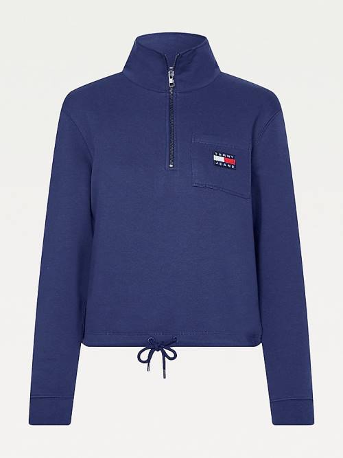 Tommy Hilfiger Tommy Badge Quarter Zip Drawstring Sweatshirt Kapucnis Pulóver Női Kék | TH418VFI