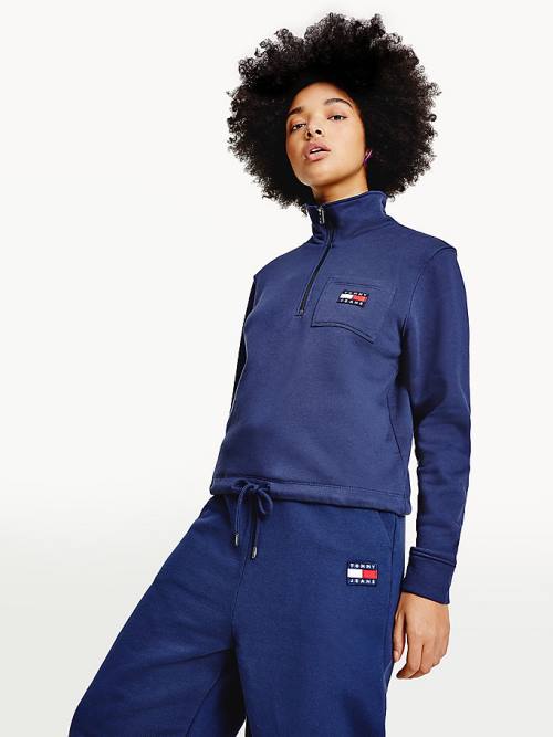 Tommy Hilfiger Tommy Badge Quarter Zip Drawstring Sweatshirt Kapucnis Pulóver Női Kék | TH418VFI