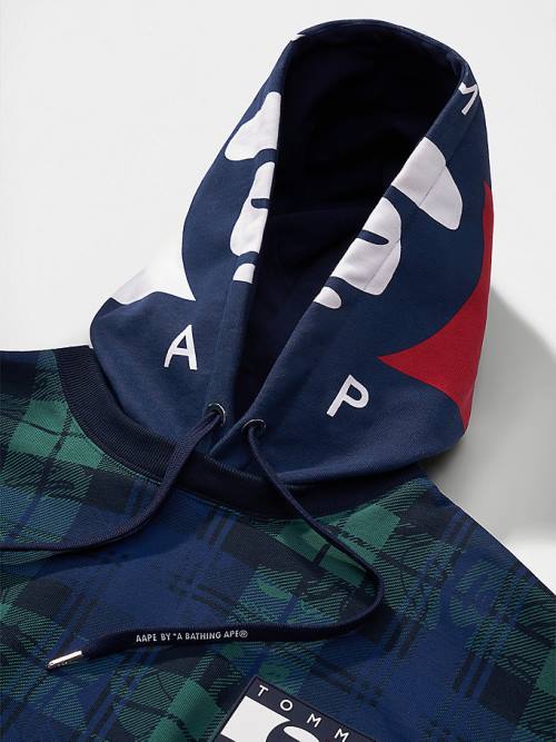 Tommy Hilfiger Tommy X AAPE Plaid Kapucnis Pulóver Férfi Kék | TH541NFQ