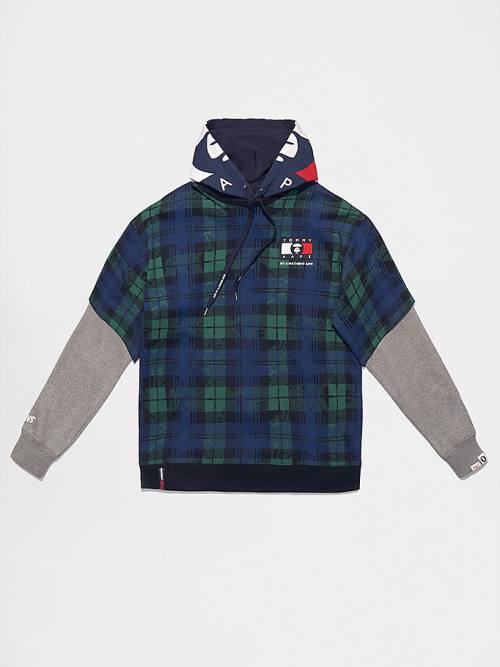 Tommy Hilfiger Tommy X AAPE Plaid Kapucnis Pulóver Férfi Kék | TH541NFQ