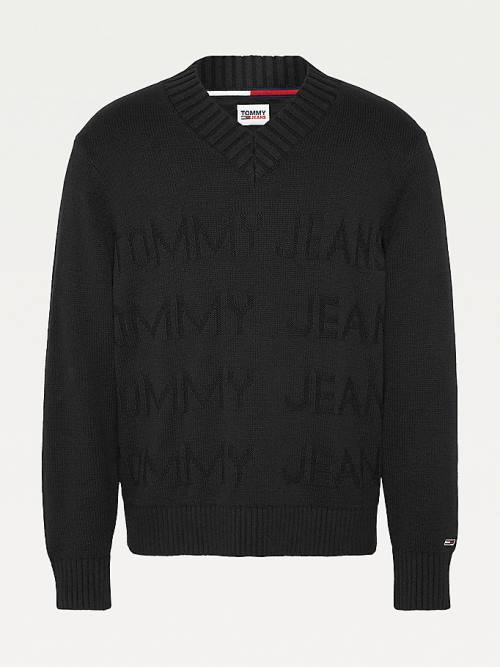 Tommy Hilfiger Tonal Logo V-Neck Jumper Pulóverek Férfi Fekete | TH019RGN