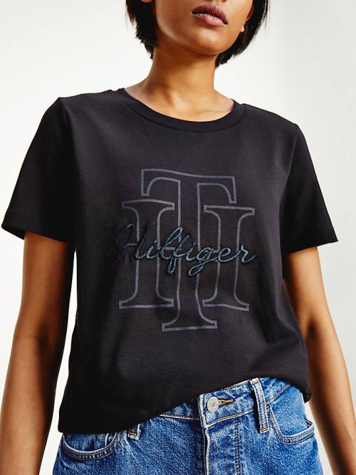 Tommy Hilfiger Tonal Script Logo Organic Pamut Póló Női Fekete | TH896TUE