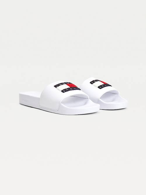 Tommy Hilfiger Towelling Tommy Badge Slides Szandál Női Fehér | TH896QIE