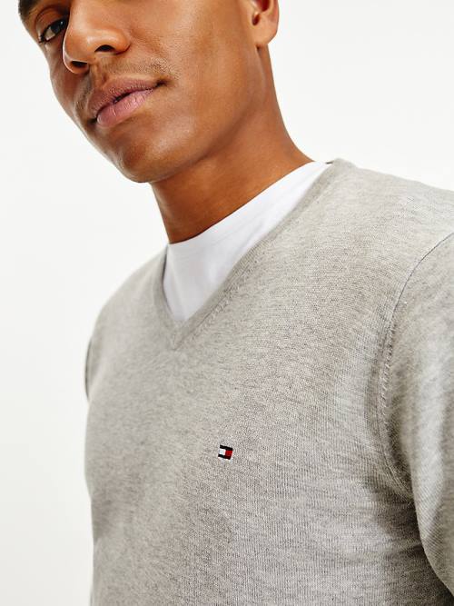 Tommy Hilfiger V-Neck Pamut Blend Sweatshirt Pulóverek Férfi Szürke | TH095DIY