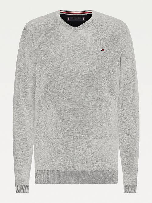 Tommy Hilfiger V-Neck Pamut Blend Sweatshirt Pulóverek Férfi Szürke | TH095DIY