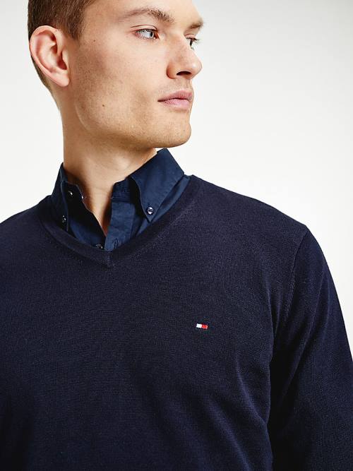 Tommy Hilfiger V-Neck Pamut Blend Sweatshirt Pulóverek Férfi Kék | TH139RVU