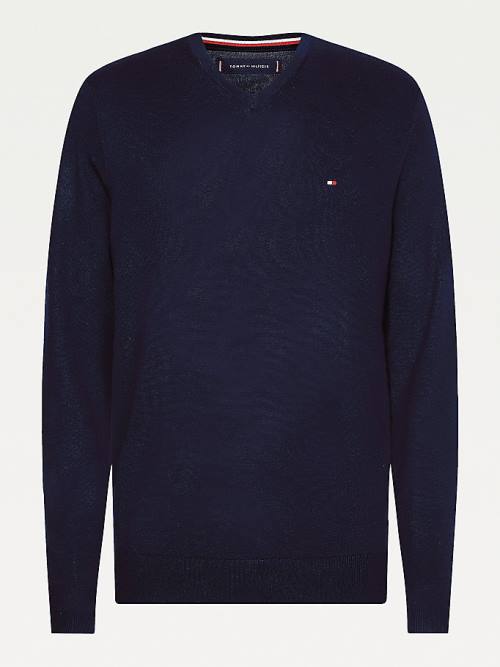 Tommy Hilfiger V-Neck Pamut Blend Sweatshirt Pulóverek Férfi Kék | TH139RVU