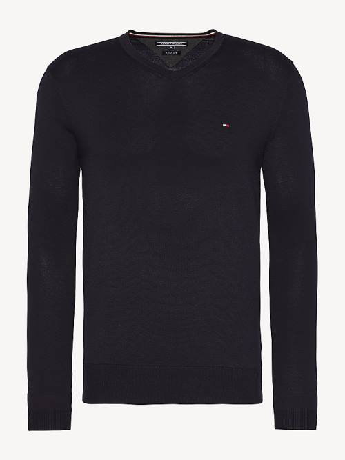 Tommy Hilfiger V-Neck Pamut Blend Sweatshirt Pulóverek Férfi Kék | TH139RVU