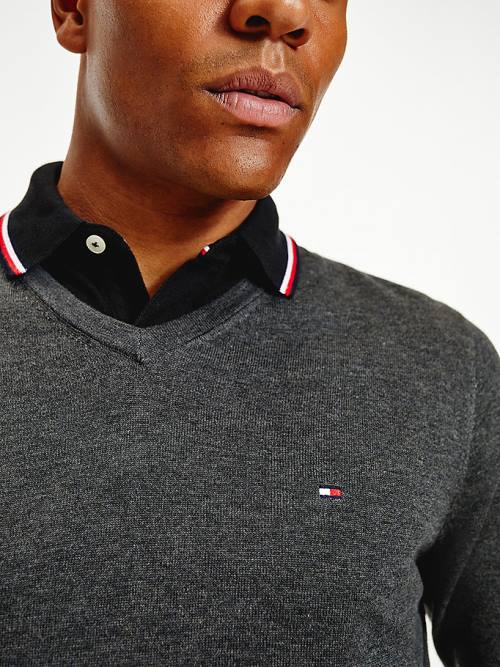 Tommy Hilfiger V-Neck Pamut Blend Sweatshirt Pulóverek Férfi Szürke | TH315FBV