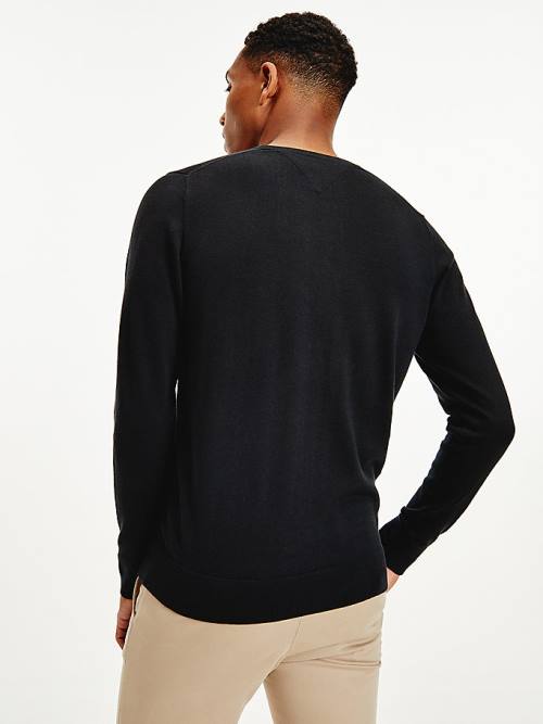 Tommy Hilfiger V-Neck Pamut Blend Sweatshirt Pulóverek Férfi Fekete | TH629NWI