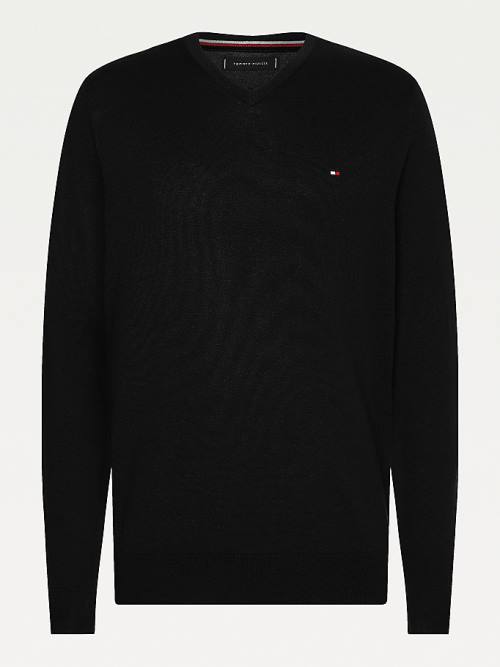 Tommy Hilfiger V-Neck Pamut Blend Sweatshirt Pulóverek Férfi Fekete | TH629NWI