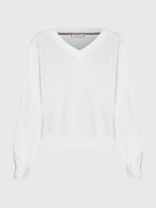 Tommy Hilfiger V-Neck Puff Sleeve Relaxed Fit Jumper Pulóverek Női Fehér | TH876AFC