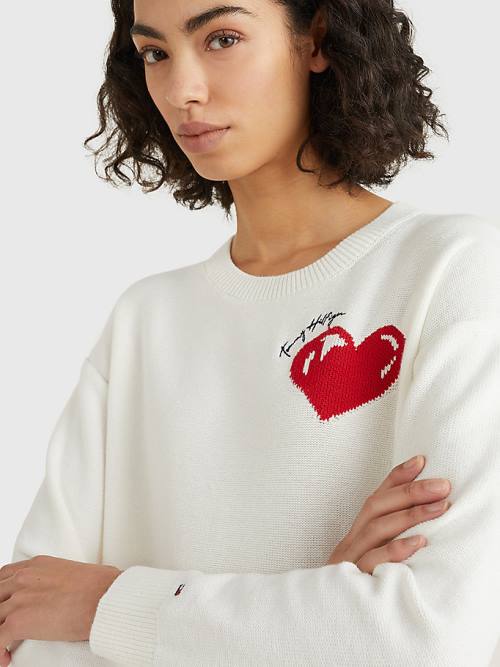 Tommy Hilfiger Valentines Heart Organic Pamut Jumper Pulóverek Női Fehér | TH459DLJ