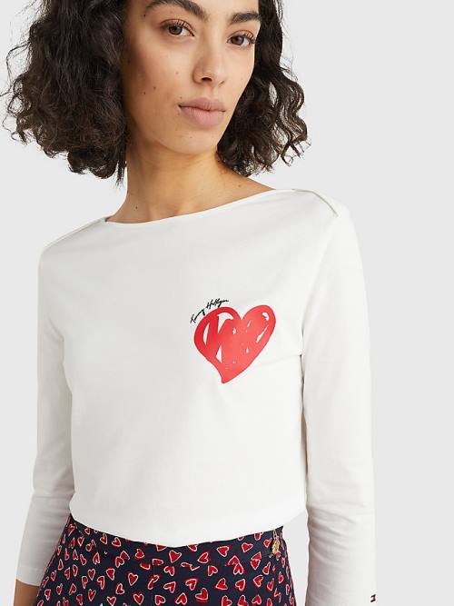 Tommy Hilfiger Valentines Heart Print Csónak Neck Póló Női Fehér | TH231TSZ