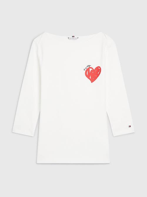 Tommy Hilfiger Valentines Heart Print Csónak Neck Póló Női Fehér | TH231TSZ