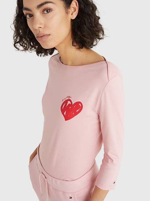 Tommy Hilfiger Valentines Heart Print Csónak Neck Póló Női Rózsaszín | TH563DCI