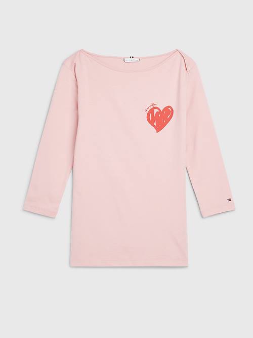 Tommy Hilfiger Valentines Heart Print Csónak Neck Póló Női Rózsaszín | TH563DCI