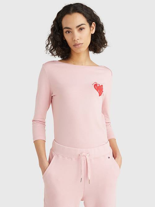 Tommy Hilfiger Valentines Heart Print Csónak Neck Póló Női Rózsaszín | TH563DCI