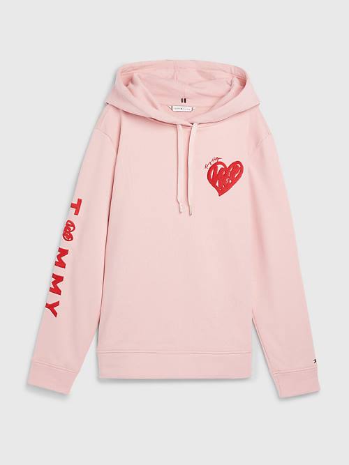 Tommy Hilfiger Valentines Heart Print Terry Kapucnis Pulóver Női Rózsaszín | TH748RWY