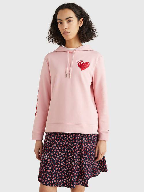 Tommy Hilfiger Valentines Heart Print Terry Kapucnis Pulóver Női Rózsaszín | TH748RWY