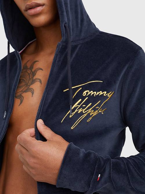 Tommy Hilfiger Velour Signature Logo Pizsama Férfi Kék | TH918ZIB