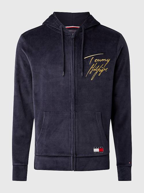 Tommy Hilfiger Velour Signature Logo Pizsama Férfi Kék | TH918ZIB