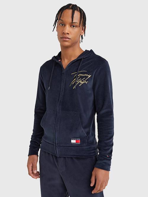 Tommy Hilfiger Velour Signature Logo Pizsama Férfi Kék | TH918ZIB