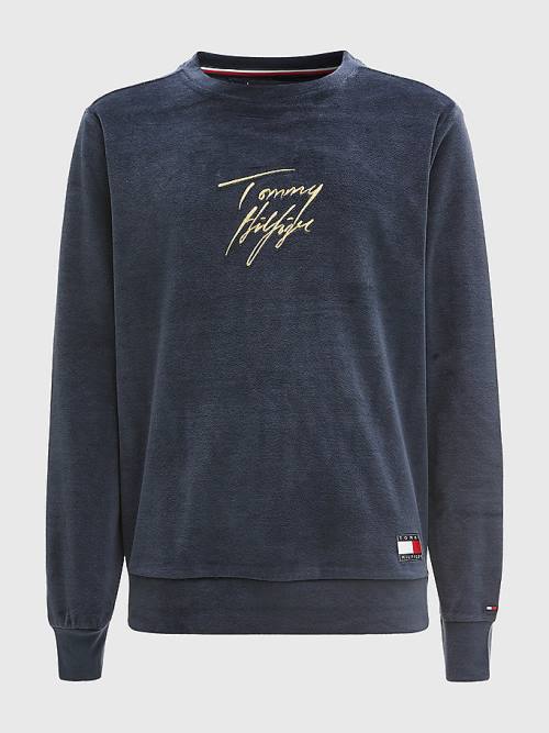 Tommy Hilfiger Velour Signature Logo Sweatshirt Pizsama Férfi Kék | TH932XOR