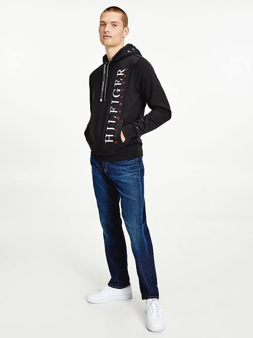 Tommy Hilfiger Vertical Logo Flex Fleece Kapucnis Pulóver Férfi Fekete | TH982PCS