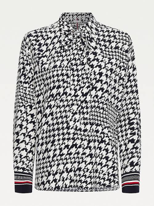 Tommy Hilfiger Viscose Houndstooth Tie-Neck Relaxed Fit Blúz Női Kék | TH527PAQ