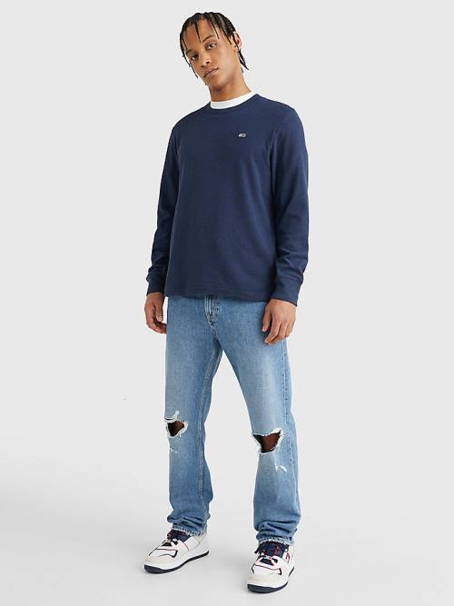 Tommy Hilfiger Waffle Crew Neck Long Sleeve Top Póló Férfi Kék | TH638CRG