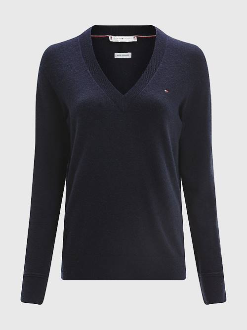 Tommy Hilfiger Wool Cashmere V-Neck Jumper Pulóverek Női Kék | TH615AFS