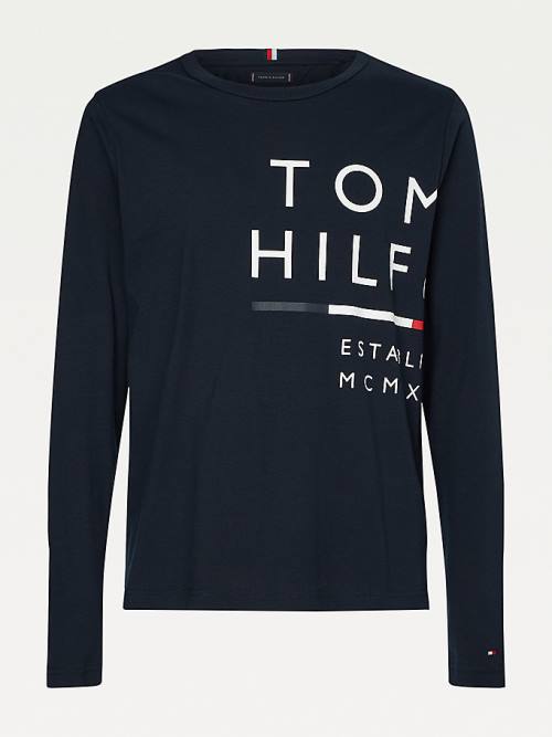 Tommy Hilfiger Wraparound Logo Long Sleeve Póló Férfi Kék | TH847FMN