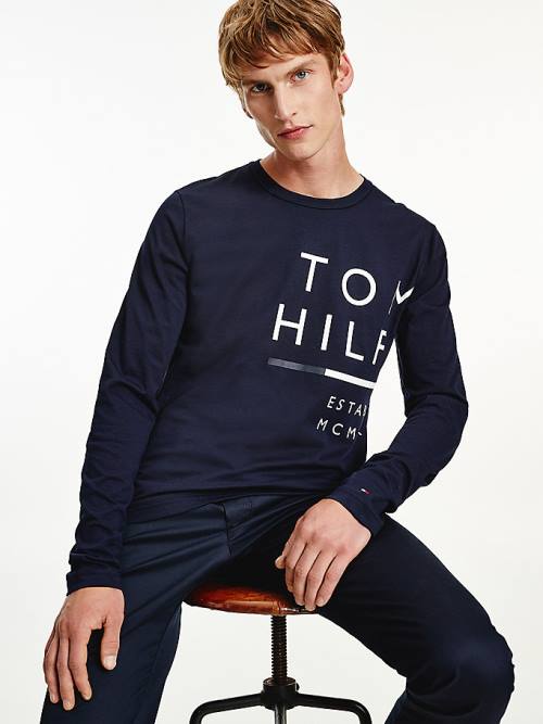 Tommy Hilfiger Wraparound Logo Long Sleeve Póló Férfi Kék | TH847FMN