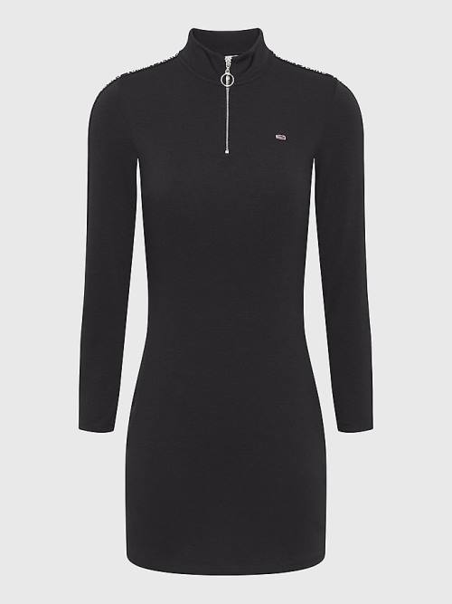 Tommy Hilfiger Zip-Thru Logo Tape Bodycon Ruha Női Fekete | TH490INJ