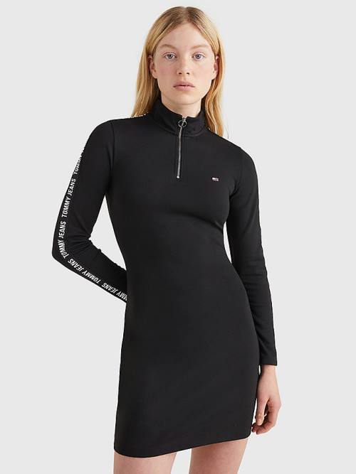 Tommy Hilfiger Zip-Thru Logo Tape Bodycon Ruha Női Fekete | TH490INJ